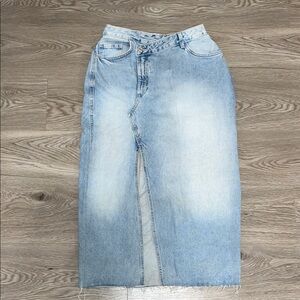 Zara Light Blue Denim Straight Midi Skirt with Front Slit